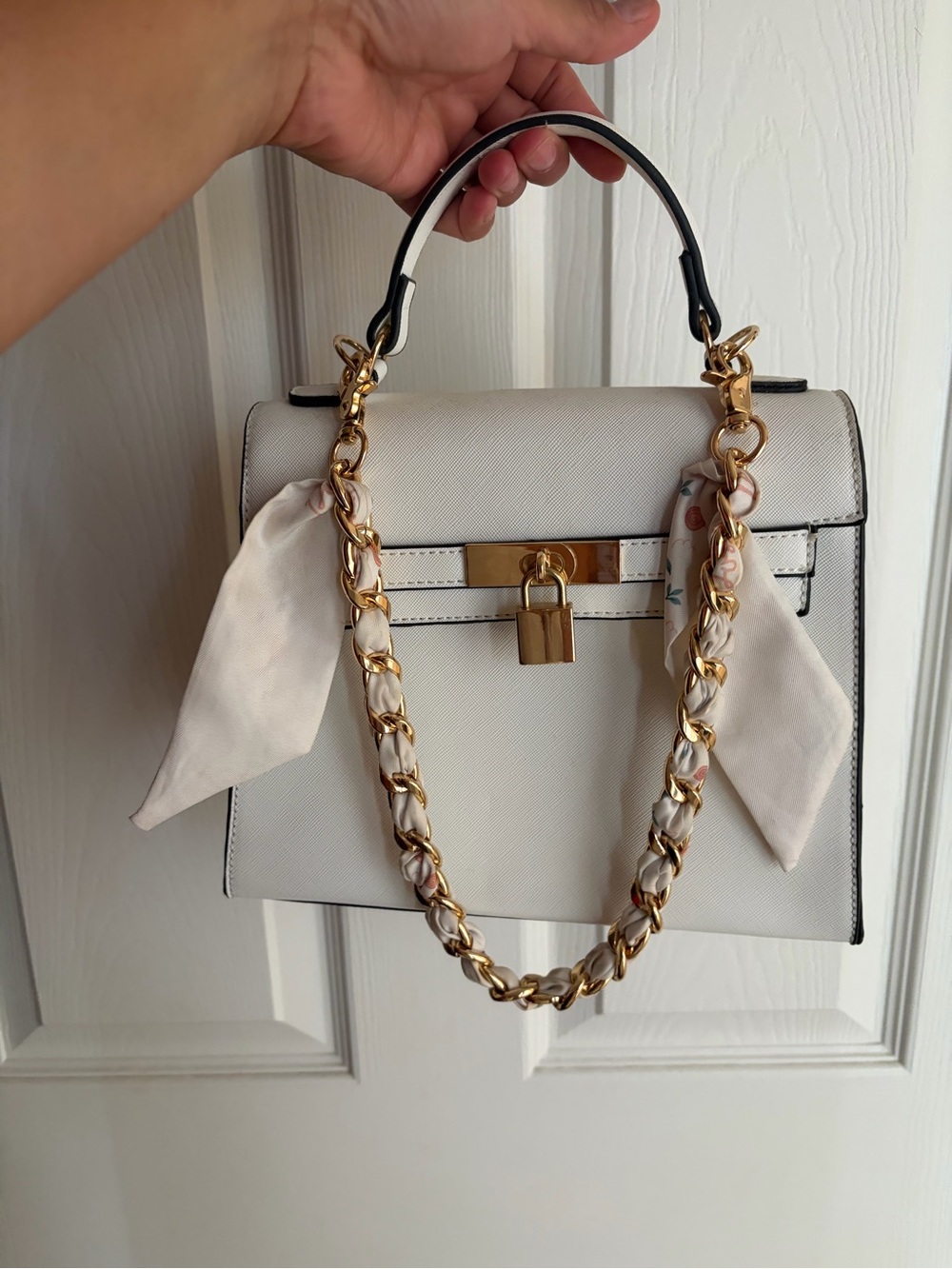 Cream Structured Top-Handle Bag with Gold Chain Detail